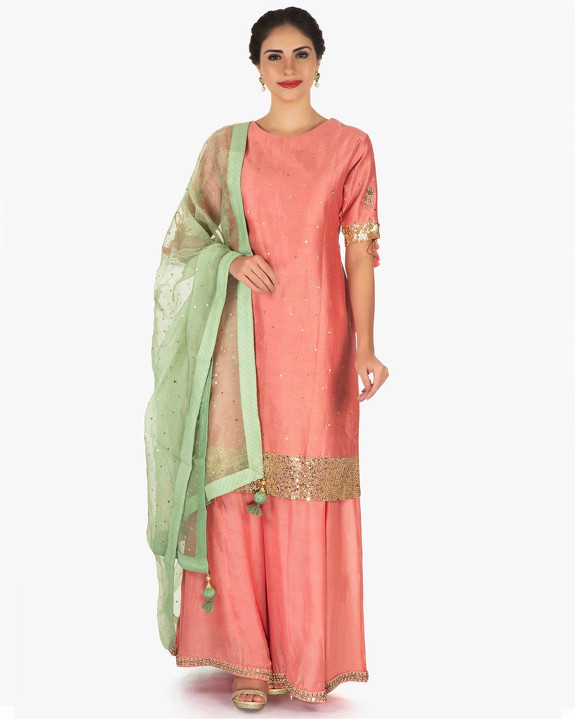 Green And Peach Color Gulti Bandhani Dress Material In Silk Fabric –  Sankalp The Bandhej Shoppe