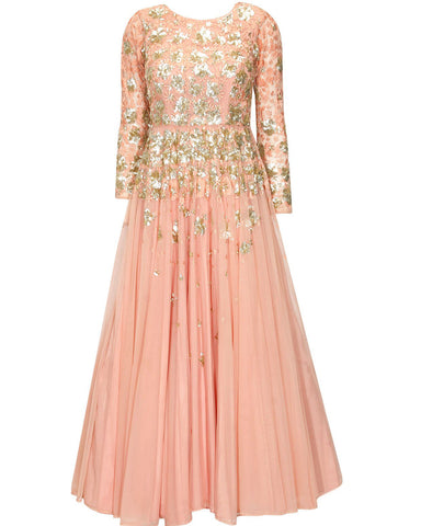 Peach Color Gold Sequins Gown