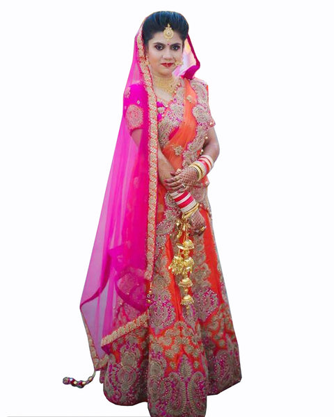 Pink & Orange Wedding lehenga With Matching Kalire,Chura,Jewellery