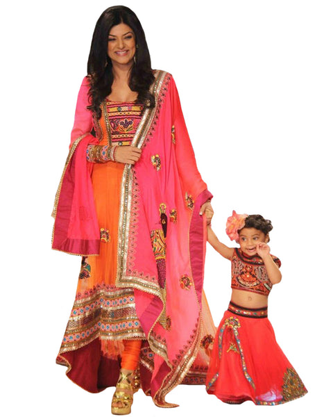 Pink & Organge color Bollywood Mother Daughter Gown