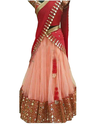 Red & Light Peach Designer Mirror Work Lehenga