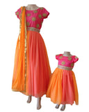 Pink & Light Organge Color Mother Daughter Gown