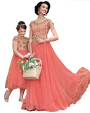Peach Color Mother Daughter Gold emboridery Gown