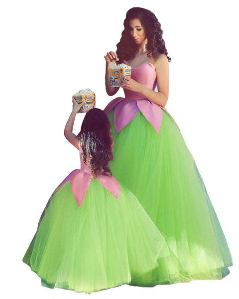 Pink & Green Color Mother Daughter Gown