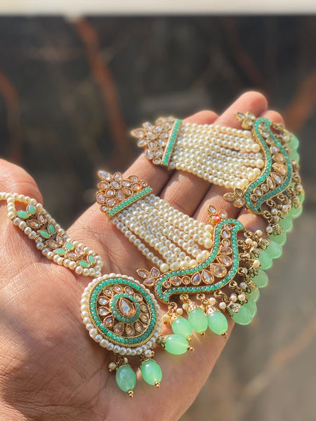 Gorgeous White and Green Color Earring and Maang Tikka
