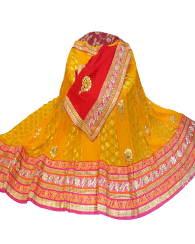 Yellow & Red Color Banarsi Buti Gota Patti Lehenga