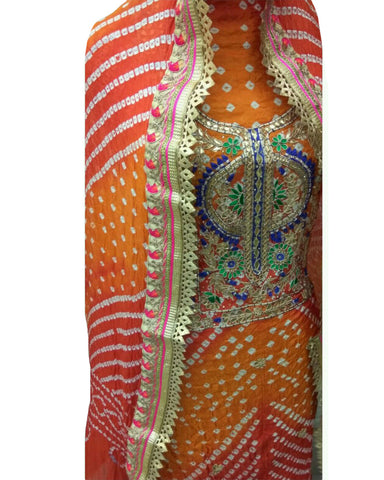 Organge Color Art Silk Bandhej Gota Patti Suits