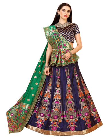 Navy Blue Colored Festive Wear Woven Banarasi Silk Jacquard Lehenga Choli