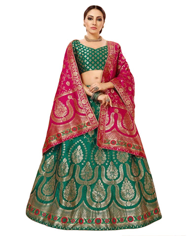 Rama Green Colored Festive Wear Woven Banarasi Silk Jacquard Lehenga Choli