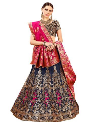 Navy Blue Colored Festive Wear Woven Banarasi Silk Jacquard Lehenga Choli