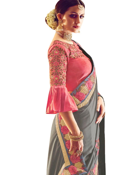 Desirable Grey And Pink Colored Designer Embroidered Work Party Wear Satin Chino Saree