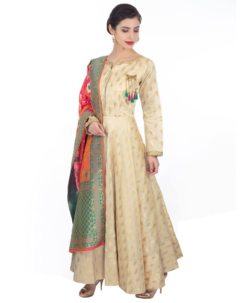 Chanderi silk embroidered gown wd neck beautiful work done TPR 7437 at Best  Price in Agartala