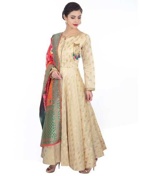 Cream Chanderi Jacquard Party Wear Gown Style Anarkali Multi Color Dupatta Dress