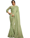 Desirable Pista Colored Designer Embroidered Work Party Wear Satin Chino Saree