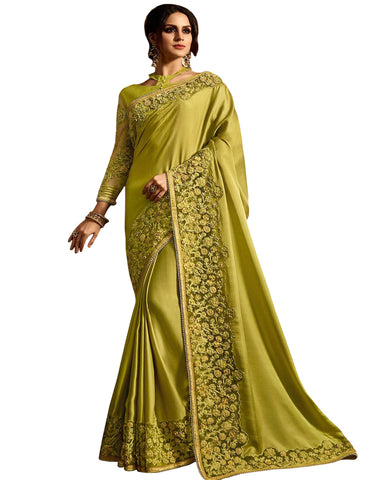 Desirable Light Green Colored Designer Embroidered Work Party Wear Satin Chino Saree
