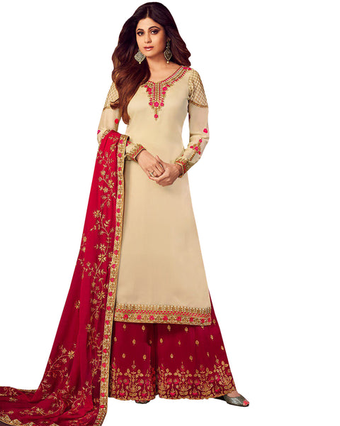 Ideal Maroon and cream Colored Partywear Embroidered Georgette Palazzo Suit