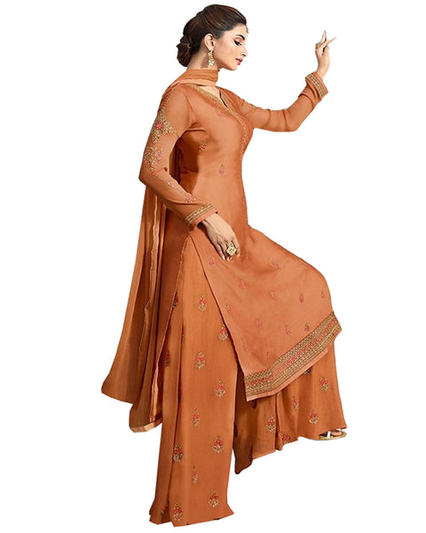 Ideal Brown Colored Partywear Embroidered Georgette Palazzo Suit