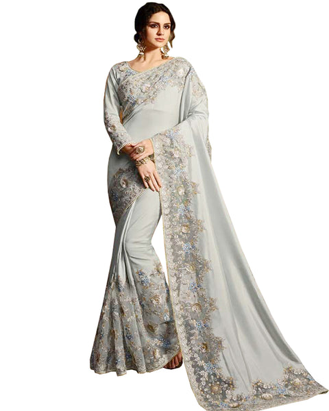 Desirable Grey Colored Designer Embroidered Work Party Wear Satin Chino Saree