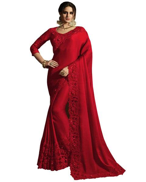 Desirable Red Colored Designer Embroidered Work Party Wear Satin Chino Saree