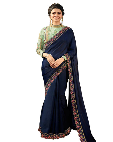 Desirable Blue Colored Designer Embroidered Work Party Wear Satin Chino Saree