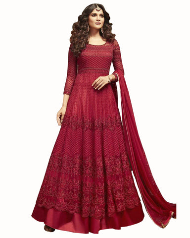 Demanding Maroon Colored Partywear Embroidered Soft Net Gown