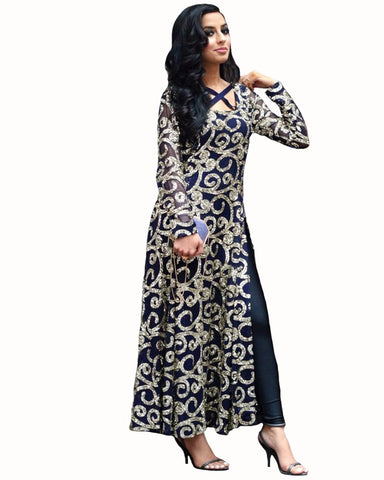 Demanding Blue Colored Partywear Embroidered Net Long Suit