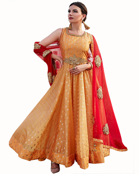 Demanding Orange & Red Colored Partywear Embroidered Soft Silk Gown