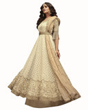 Demanding Cream Colored Partywear Embroidered Soft Net Gown