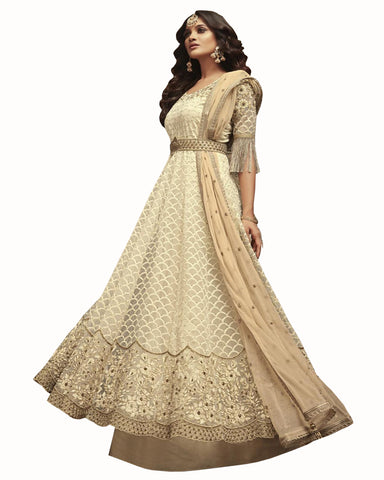Demanding Cream Colored Partywear Embroidered Soft Net Gown