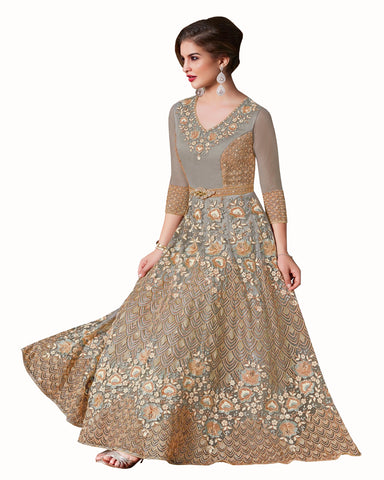 Grey Colored Partywear Embroidered Soft Net Gown