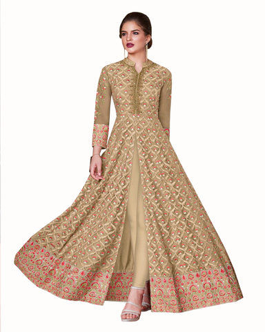 Demanding Gold Colored Partywear Embroidered Soft Silk Gown