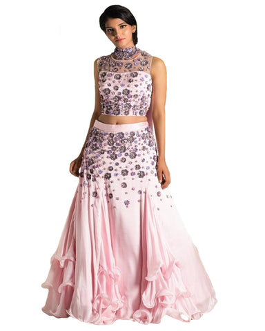 Pink Color Sequence Emoridery Net Lehenga