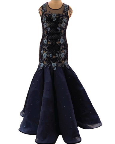 Navy Blue Designer Embroidered Tissue Net Gown