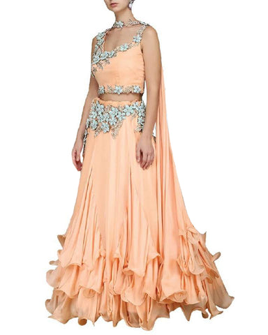 Skin Color Flower Emoridery Chiffon Lehenga