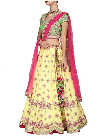 Yellow and Pink Color Emoridery Lehenga