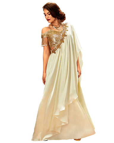 Cream Colored Designer Embroidered Satin Silk Saree