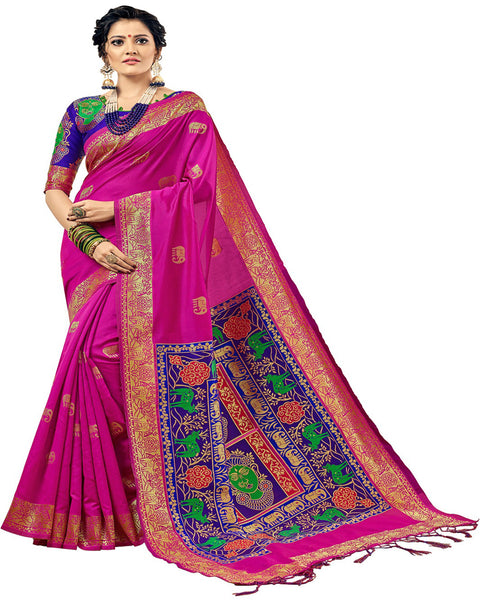 Kanchivaram Silk Pink With Blue Colour Blouse Saree