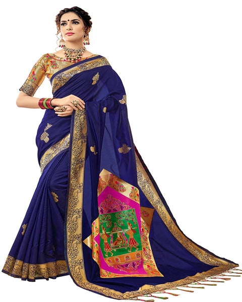 Kanchivaram Silk Blue Colour With Gold Jacquard Blouse Saree