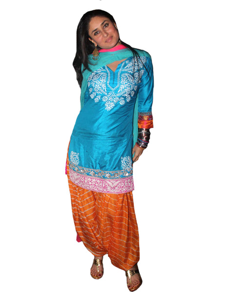 Kareena Turquoise And Orange Embroidered Patial salwar Suit