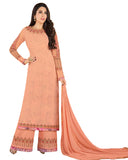 Marvelous Peach Colored Partywear Embroidered Georgette Palazzo Suit