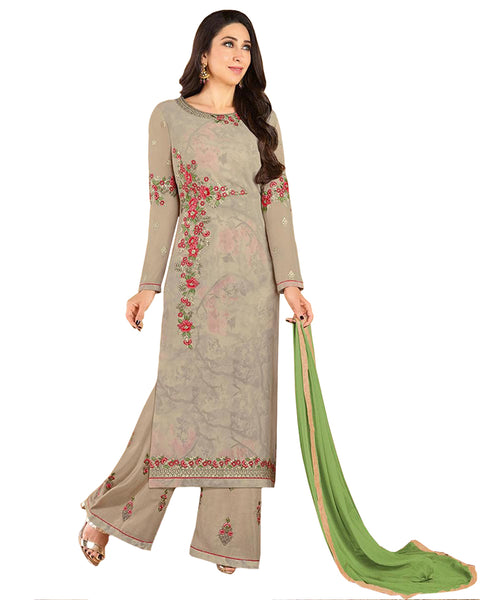 Demanding Gray Colored Partywear Embroidered Georgette Palazzo Suit