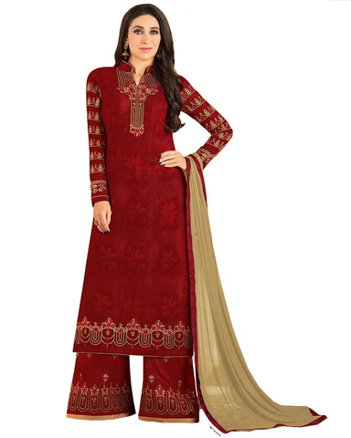 Red Colored Partywear Embroidered Georgette Palazzo Suit