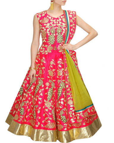 Pink And Yellow Malabary Silk Lehenga Choli