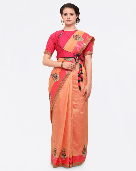 Peach-Coloured & Pink Poly Crepe Embroidered Saree
