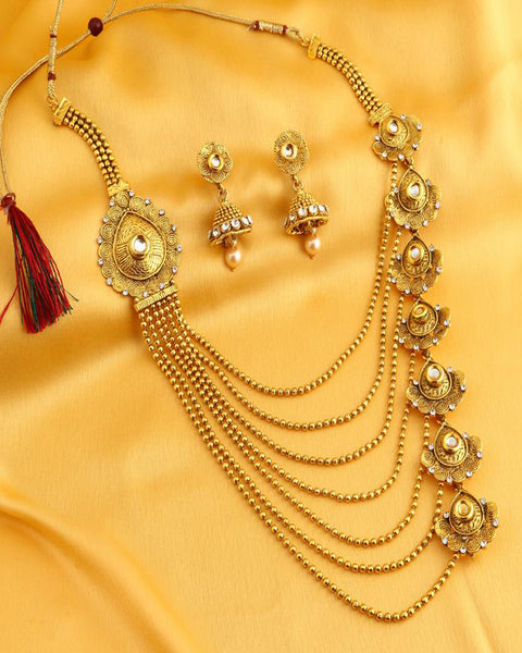 Trendy Jalebi Design 7 String Gold Plated Necklace Set for women