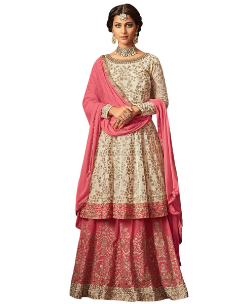 Rust white-Pink Colored Partywear Embroidered Georgette Palazzo Suit