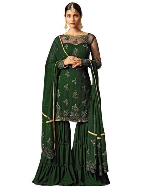 Capricious Green Colored Party Wear Embroidered Net Palazzo Suit