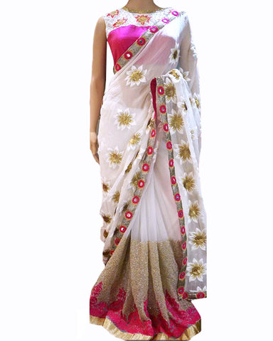 Designer White-Pink Color Saree