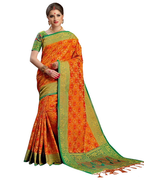 Kanchivaram Silk Saree In Orange And Green Colour