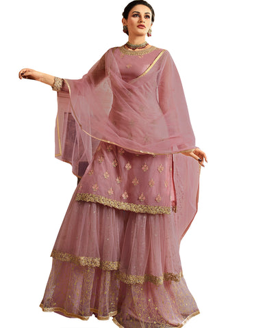 Purple Satin Net Embroidered Sharara Style Pakistani Suit